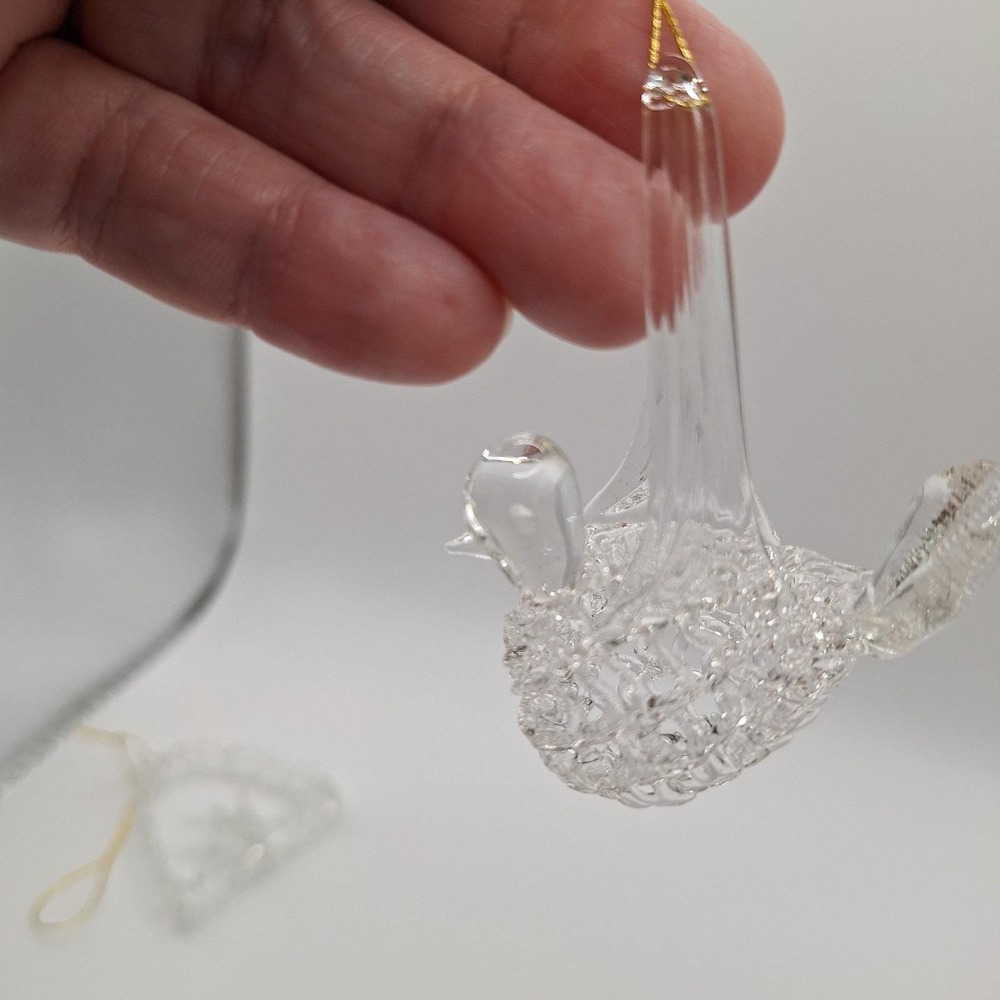 Vintage Spun Glass Christmas Ornaments Set 2 Clear Birds Spaghetti Glass - Picture 7 of 10